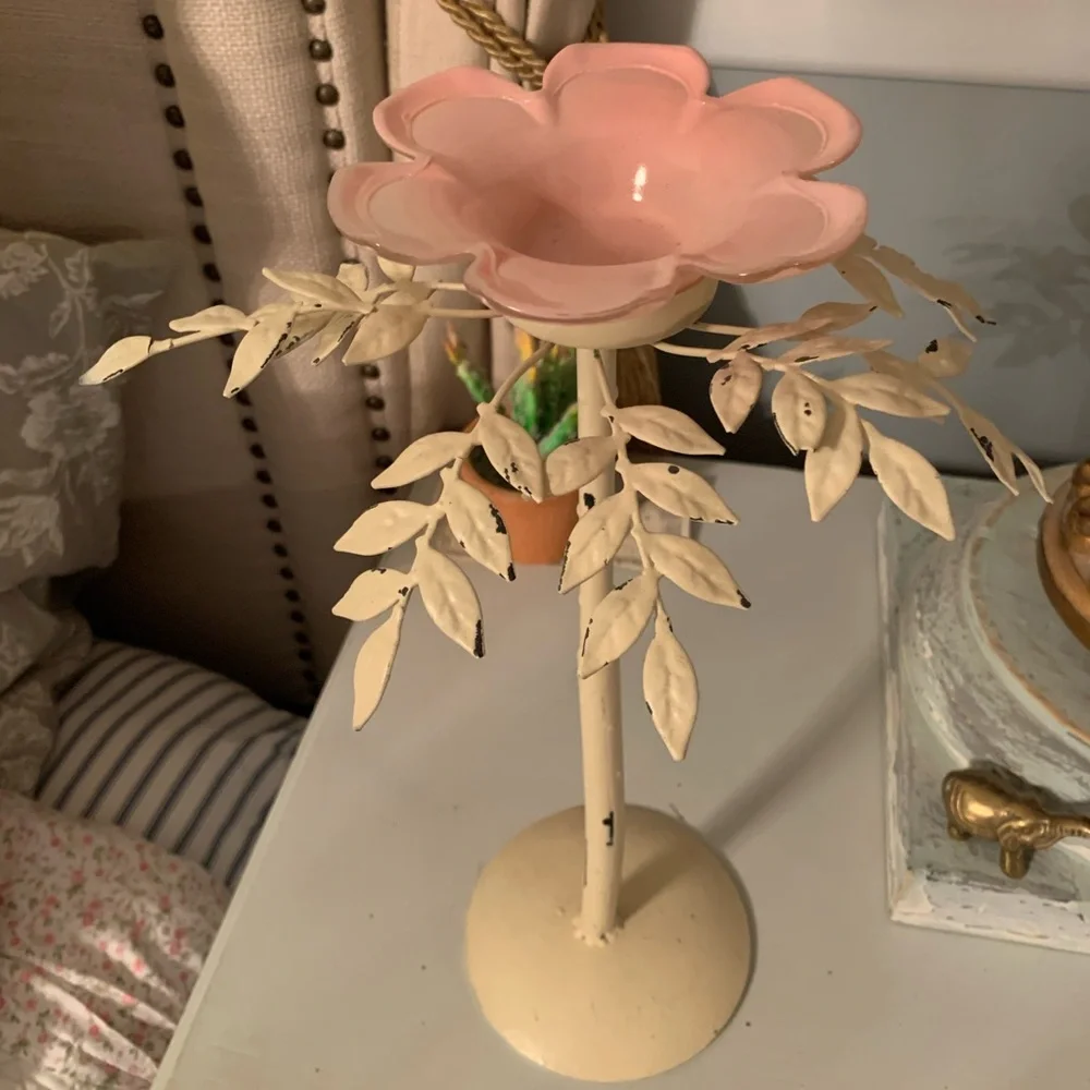 Vintage Pink Floral Metal Candle Holder